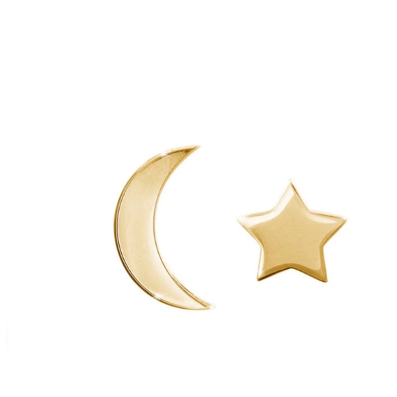 Asymmetric Gold Plated‎ S925 Moon and Star Stud Earrings - Picture 1 of 15